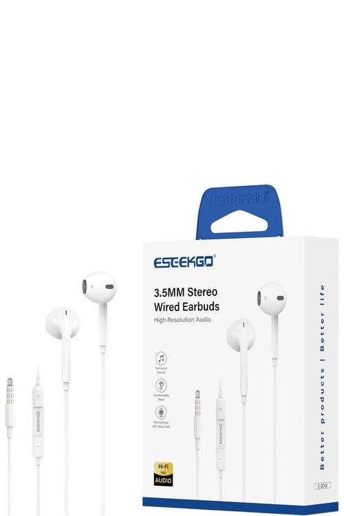 Eseekgo 3.5mm Stereo Wired Earphones, HiFi Audio Headphones with Built-in Microphone White E20M